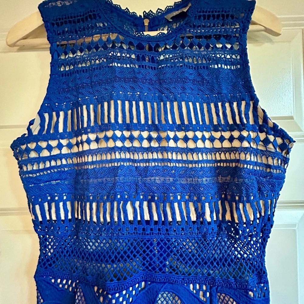 Zoe & Sam Royal Blue Battenberg Style Cut Out Lace Midi Statement Dress Size L - Picture 3 of 12